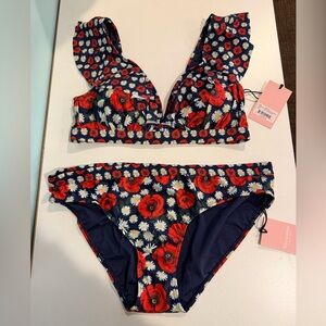 Juicy Couture Navy Floral Bikini Set with Red Poppies & White Daisies Size L NWT